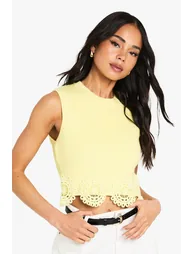 Crochet Trim Knitted Top - lemon - 1