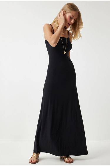 Women's Black Strappy Long Sandy Maxi Slip Dress