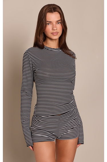 Black Stripe Ribbed High Neck Long Sleeve Top