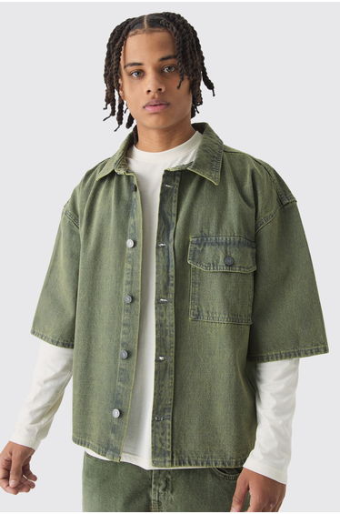 Oversized Boxy 3/4 Sleeve Denim Overshirt - green