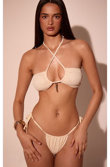Cream Textured Shell Trim Tie Side Bikini Bottoms