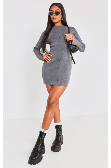 Charcoal Ribbed Exposed Seam Long Sleeve Bodycon Dress