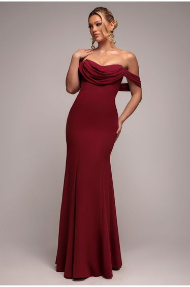 Chiffon Bardot Cowl Neck Maxi Dress - Burgundy Red by Goddiva
