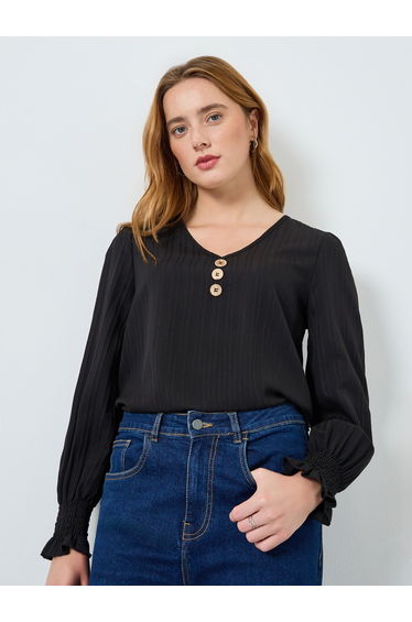 Women Texture Button Detail Long Sleeve Top