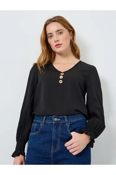 Women Texture Button Detail Long Sleeve Top