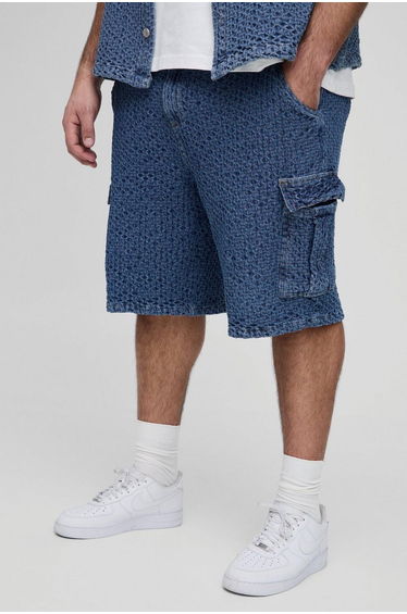 Plus Textured Denim Relaxed Fit Cargo Shorts - mid wash