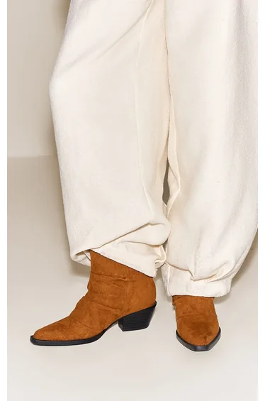 Tan Suede Ruched Western Ankle Boot