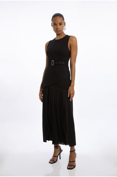 Ponte And Georgette Jersey Pleated Maxi Dress