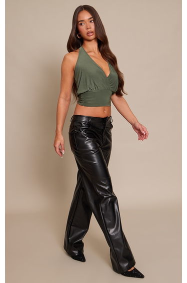 Khaki Slinky Plunge Halterneck Top