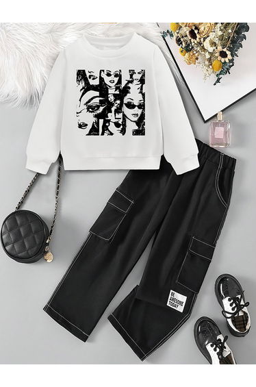 Girls Graphic Print Sweatshirt with Pants Set