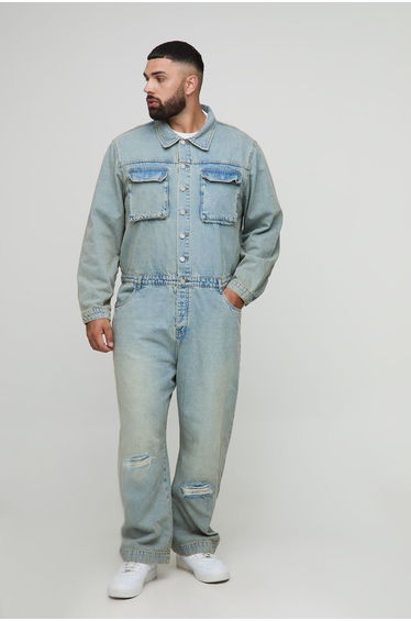 Plus Regular Fit Stonewash Rip and Repair Boilersuit - stonewash