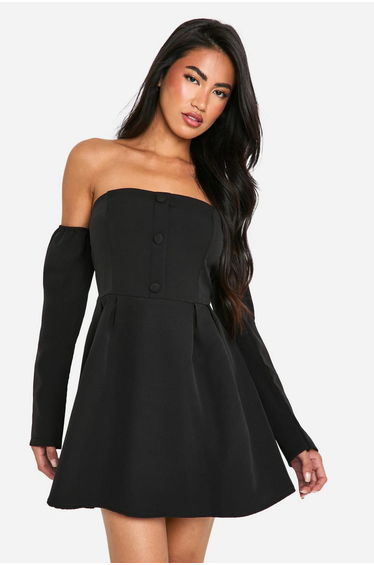 A-Line Bardot Long Sleeve Mini Dress