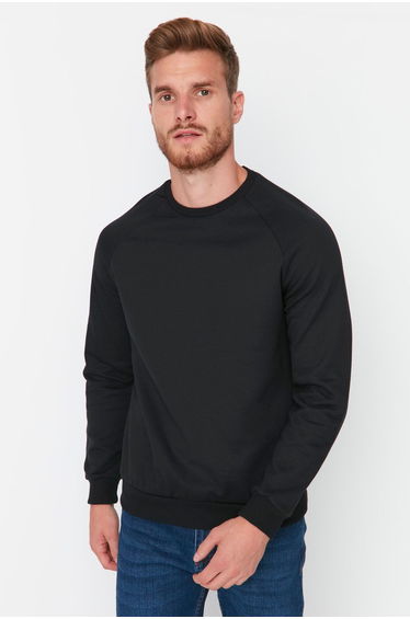 Black Basic Regular Cut Crew Neck Fleece Sweatshirt