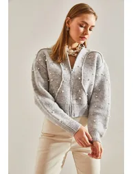 LUCCI Textured Patterned Zip-Up Crop Cardigan with Pompom - 1