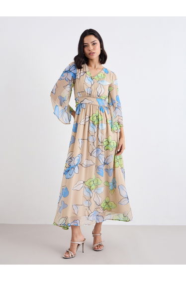 Multi Floral Maxi Dress with Volume Sleeves