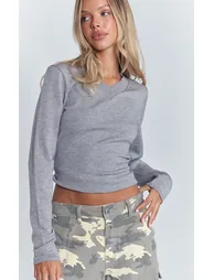 Light Grey Long Sleeve High V Neck Asymmetric Knitted Top - 3