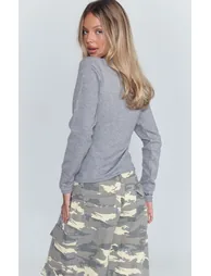 Light Grey Long Sleeve High V Neck Asymmetric Knitted Top - 2