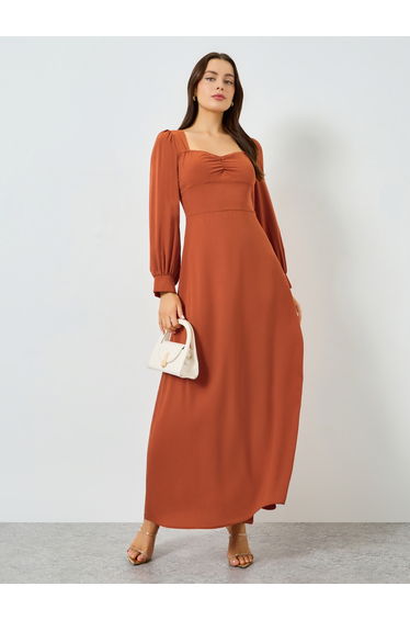 Rust Ruched Neck Puff Sleeve A-Line Maxi Dress