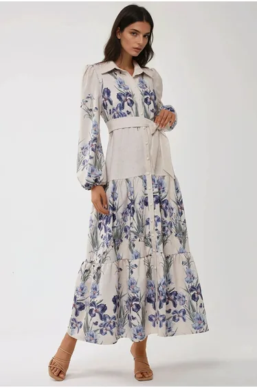 Floral Print Maxi Dress with Shirt Collar