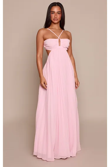Petite Pink Pleated Tie Front Cut Out Waist Bandeau Maxi Dress