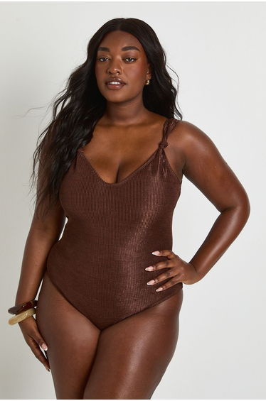 Plus Metallic Crinkle Knot Swimsuit - chocolate