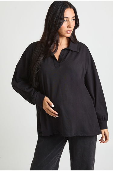 Maternity Heavy Cotton Button Detail Collared Rugby Top - black