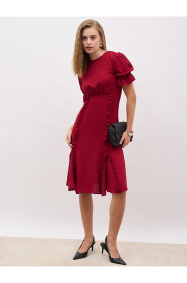 Solid Round Neck A-Line Midi Dress with Ruffled Detail