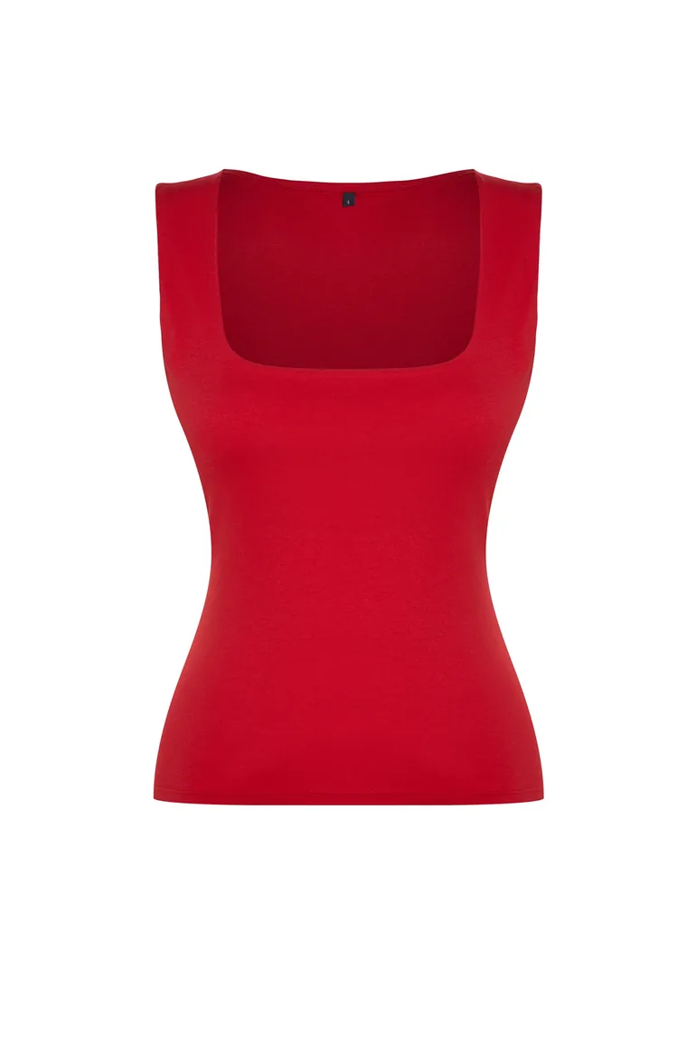 Red Square Neck Zero Sleeve Cotton Flexible Fitted Knitted Undershirt - 6