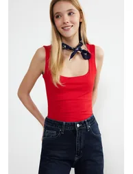 Red Square Neck Zero Sleeve Cotton Flexible Fitted Knitted Undershirt - 1