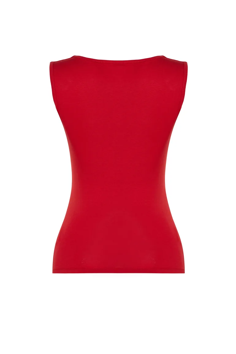 Red Square Neck Zero Sleeve Cotton Flexible Fitted Knitted Undershirt - 7
