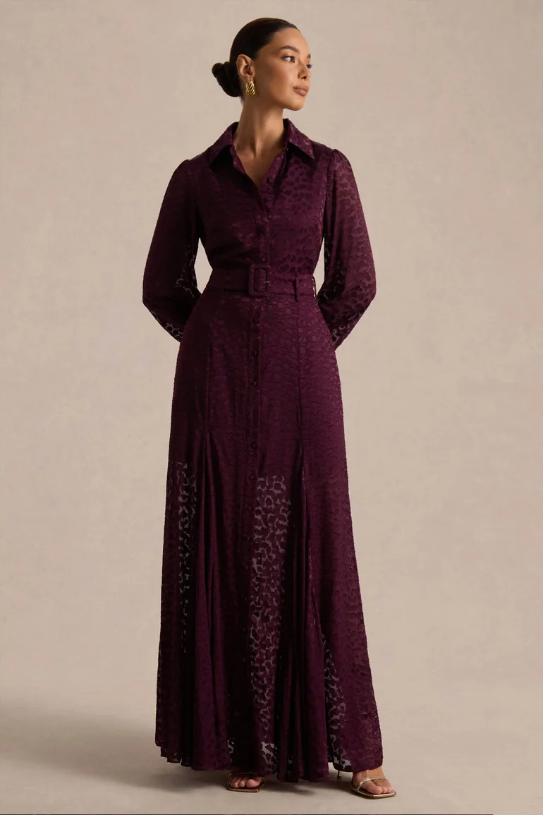 Kirsty | Purple Long Sleeve Shirt Dress With full Skirt - 2