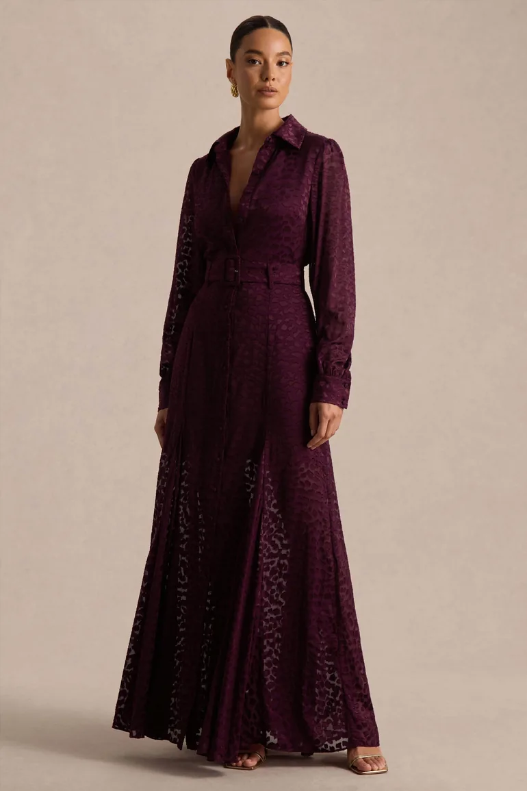 Kirsty | Purple Long Sleeve Shirt Dress With full Skirt - 3