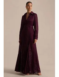 Kirsty | Purple Long Sleeve Shirt Dress With full Skirt - 3