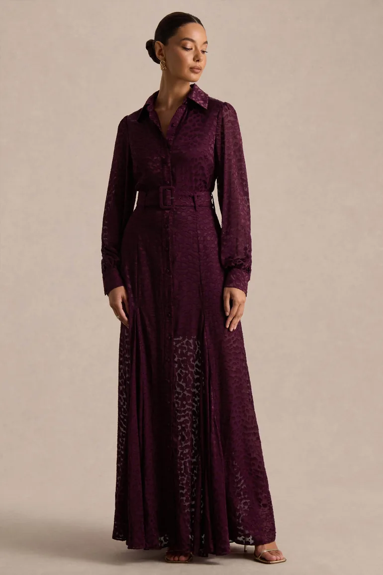 Kirsty | Purple Long Sleeve Shirt Dress With full Skirt