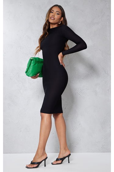 Black Basic Ribbed Long Sleeve Dress