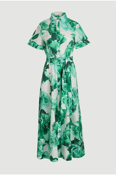 Petite Rose Print Cotton Sateen Floral Woven Belted Maxi Shirt Dress