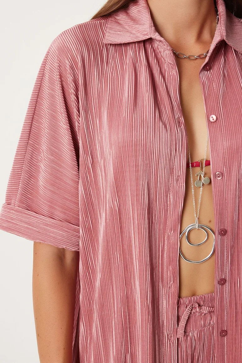 Women's Powder Pleated Shirt Trousers Set - 2