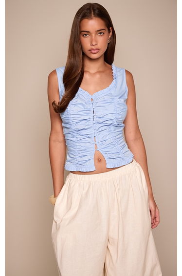 Light Blue Cotton Ruched Front Fitted Top