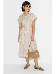 LUCCI Belted Geometric Cotton Midi Shirt Dress - 1