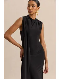 Oleandra | Black High-Neck Midi-Dress With Draped-Detail - 2