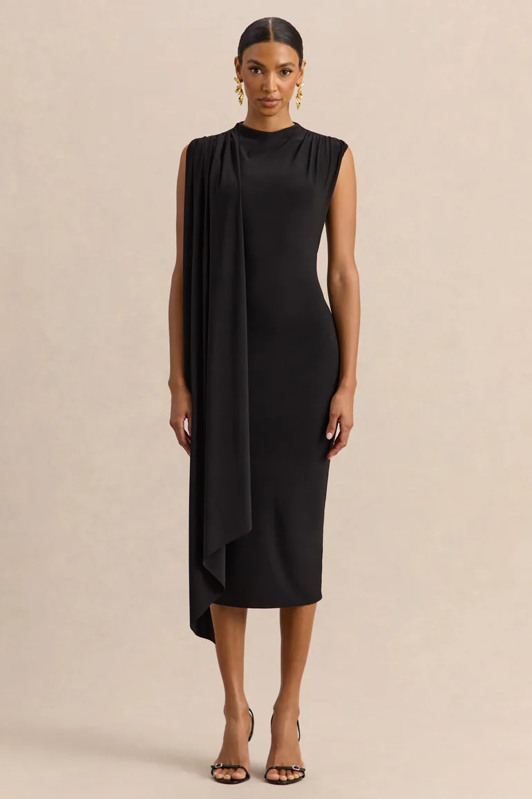 Oleandra | Black High-Neck Midi-Dress With Draped-Detail - 4