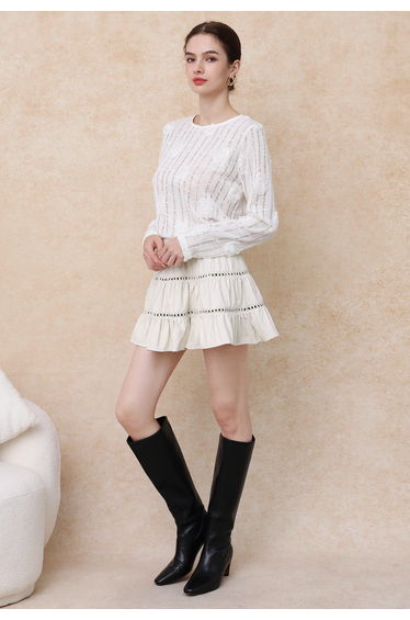 3D Mesh Rose Ladder Knit Top in White
