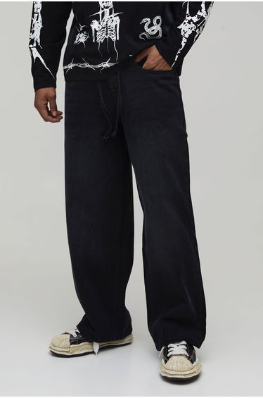 Drawcord Stonewash Baggy Fit Jeans - washed black