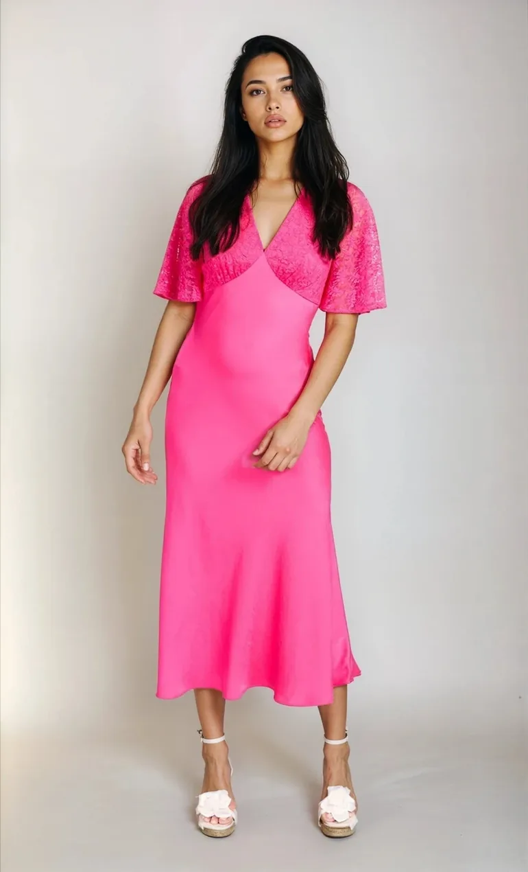 Pink Lace Satin Midaxi Dress Little Mistress Pink : Evening Dresses :  VogaCloset Bahrain