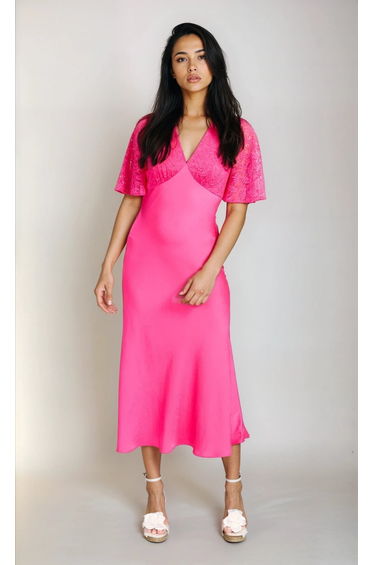 Pink Lace Satin Midaxi Dress