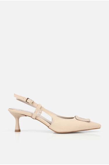 Women's Beige Pointed Toe Gold Detailed Open Back Short Heeled Shoes