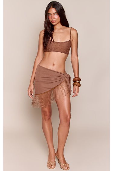 Chocolate Fringe Detail Tie Side Skirt