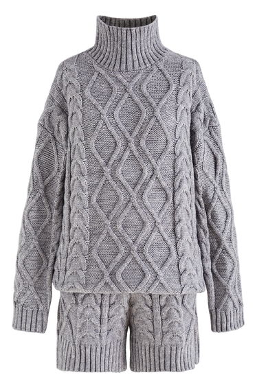 High Neck Braided Knit Sweater and Shorts Set in Grey