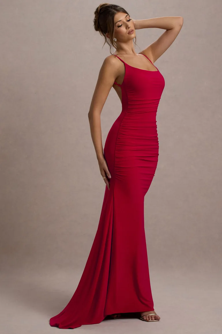 Adele | Red Ruched Fishtail Cami Maxi Dress - 5