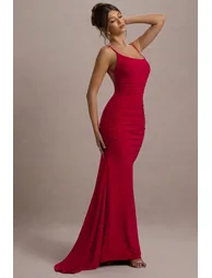 Adele | Red Ruched Fishtail Cami Maxi Dress - 5